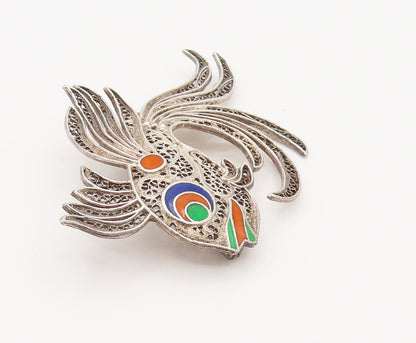 925 Sterling Silver Vintage Enamel & Filigree Detailed Fish Brooch Pin BP10107
