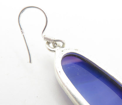 925 Sterling Silver Cabochon Cut Purple Agate Shiny Dangle Earrings EG3020