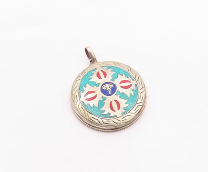 925 Sterling Silver  Vintage Enamel Symbol Etched Border Pendant  PT20082