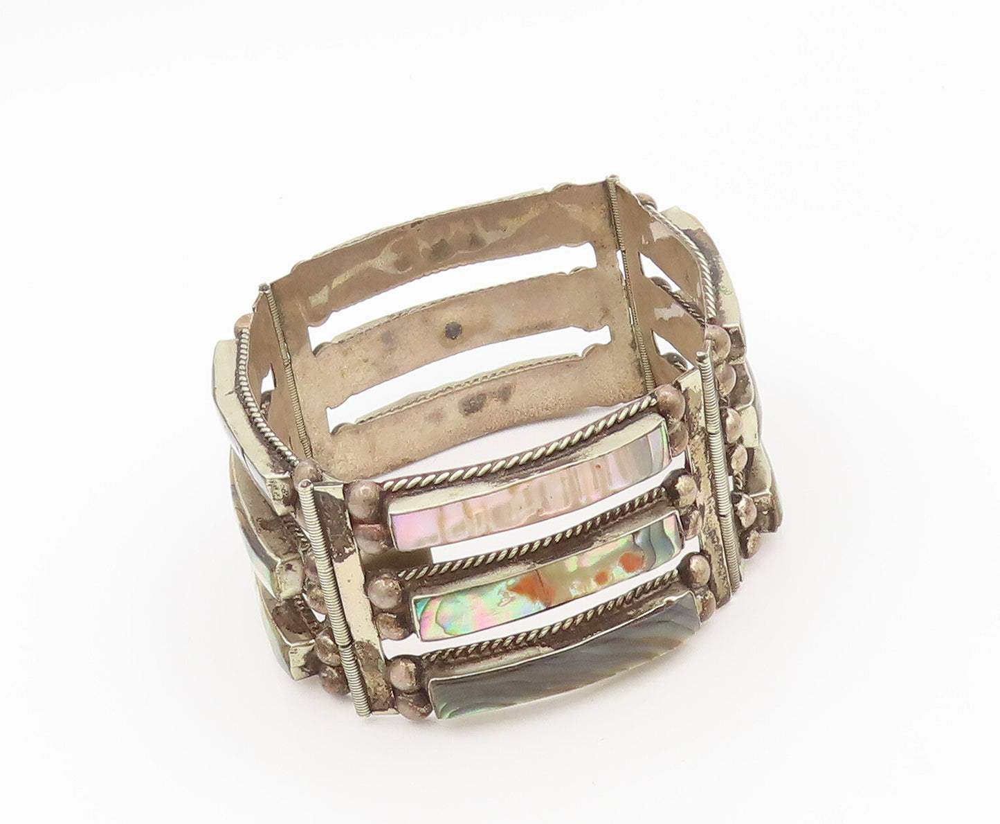 AP MEXICO 925 Silver  Vintage Strip Cut Beaded Abalone Solid Bracelet  BT10113
