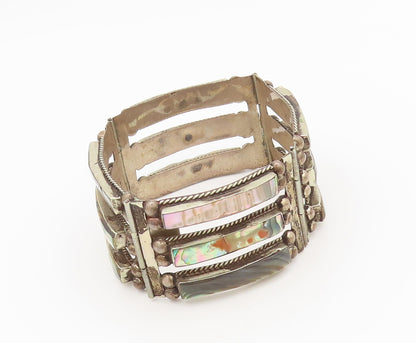 AP MEXICO 925 Silver  Vintage Strip Cut Beaded Abalone Solid Bracelet  BT10113