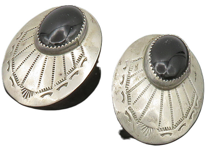 SOUTHWESTERN 925 Silver Vintage Cabochon Black Onyx Drop Earrings EG11549
