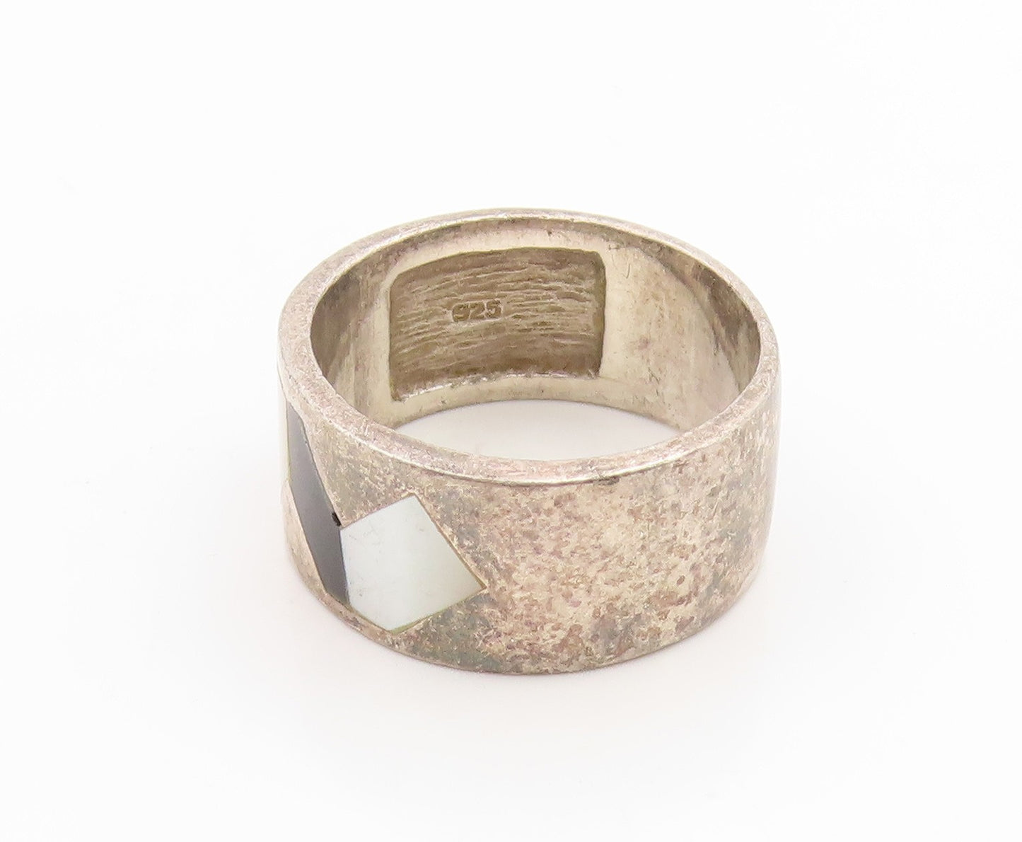 925 Sterling Silver Vintage Ring Mother Of Pearl & Onyx Inlay  Sz 8  RG36186