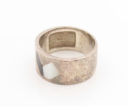 925 Sterling Silver Vintage Ring Mother Of Pearl & Onyx Inlay  Sz 8  RG36186
