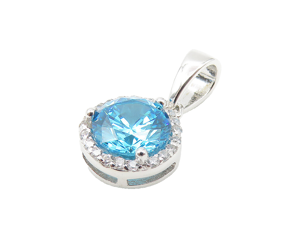 925 Sterling Silver  Shiny Petite Blue Topaz Round Drop Pendant  PT9311