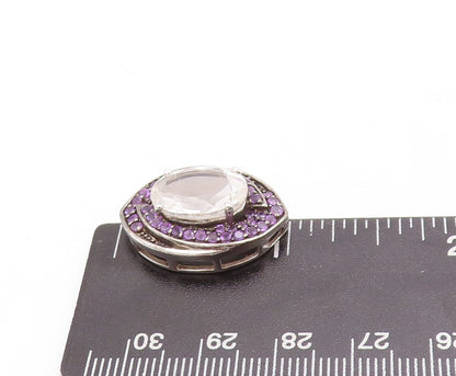 925 Sterling Silver Vintage Pendant Oval CZ Halo Amethyst Inlay Frame  PT23804