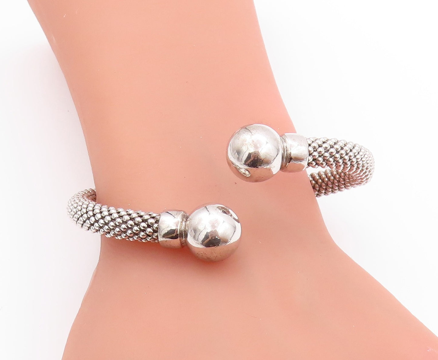 925 Sterling Silver Vintage Bracelet Modernist Beaded Cuff Band  BT11215