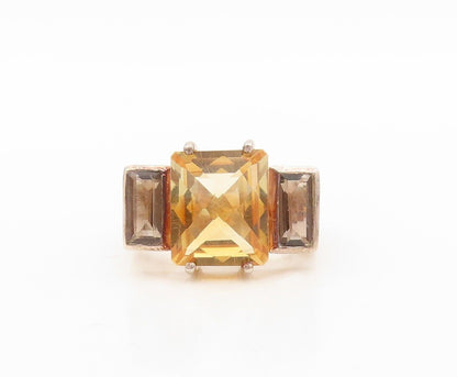 925 Sterling Silver Vintage Ring Rectangle Citrine & Smoky Quartz  Sz 8  RG30434