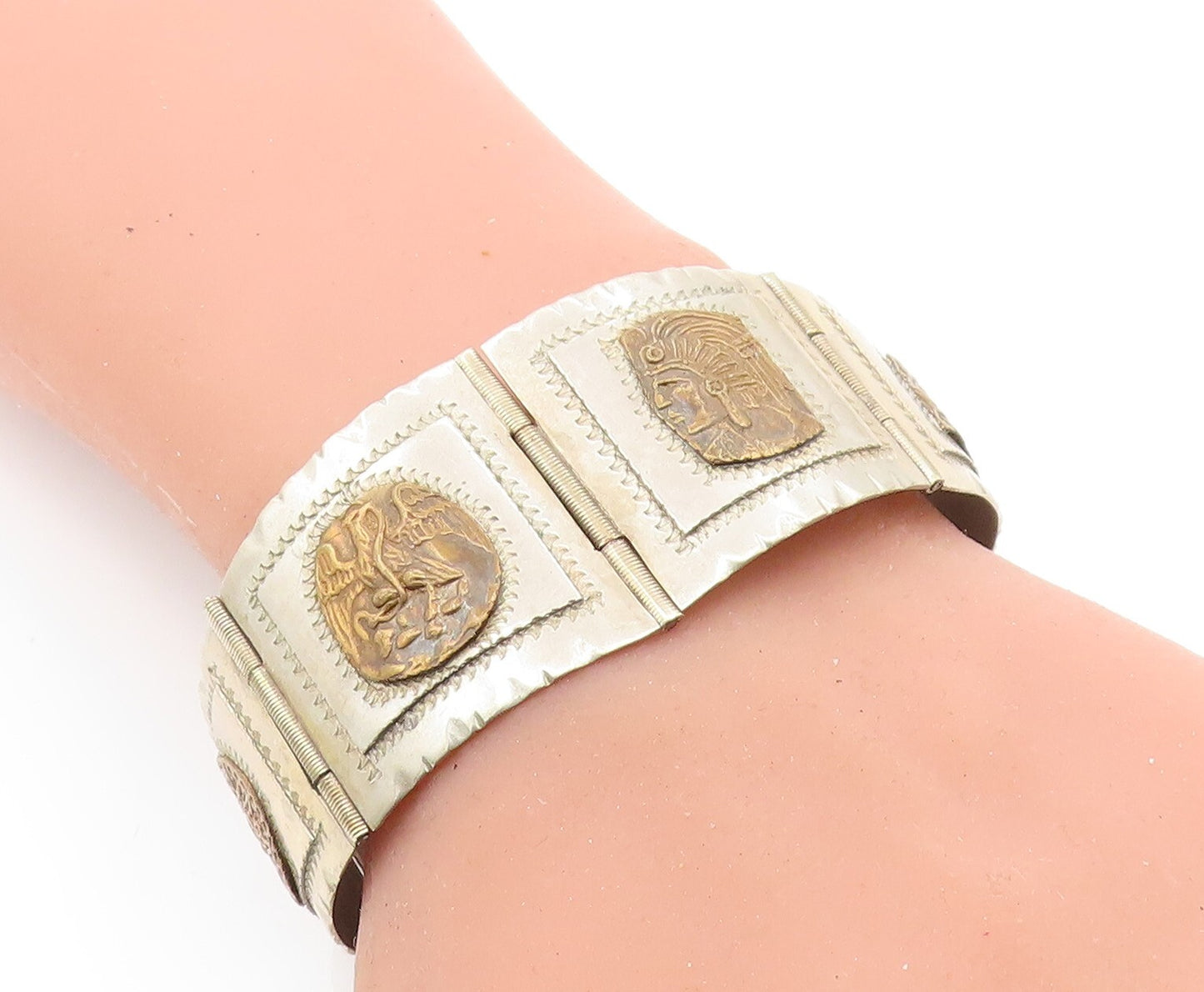 MEXICO 925 Sterling Silver  Vintage Chief's Head 2 Tone Chain Bracelet  BT2738