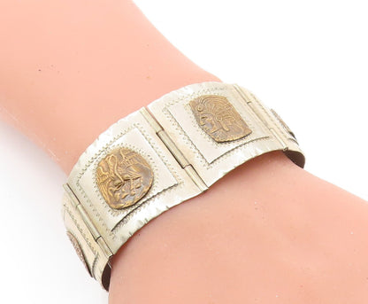 MEXICO 925 Sterling Silver  Vintage Chief's Head 2 Tone Chain Bracelet  BT2738