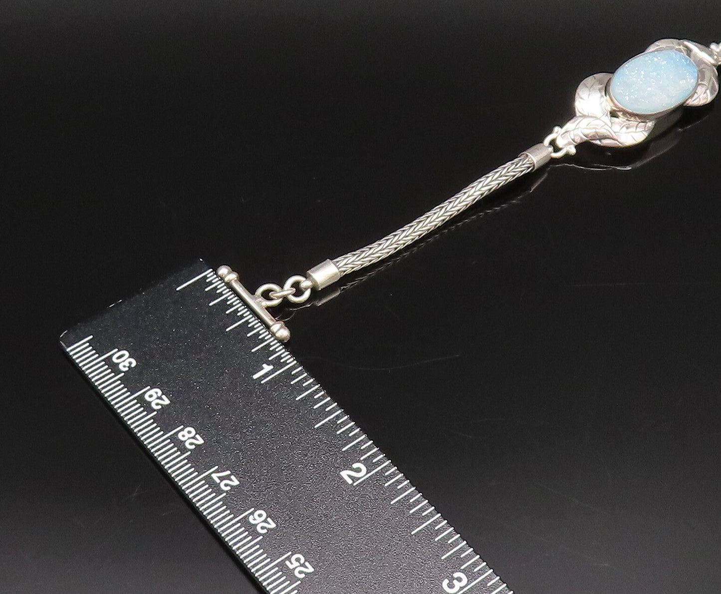 925 Silver  Vintage Blue Drusy Quartz & Etched Leaves Chain Bracelet  BT9674