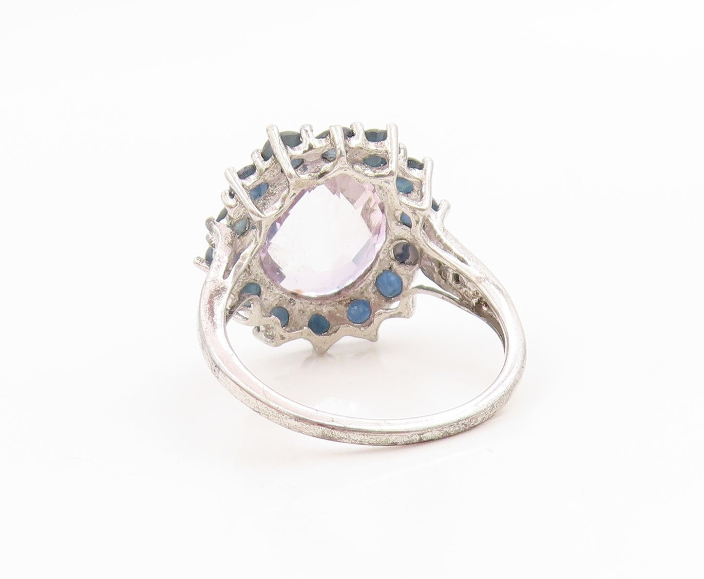 925 Sterling Silver Vintage Ring Rose Quartz & Halo Sapphire Band  Sz 8  RG36191