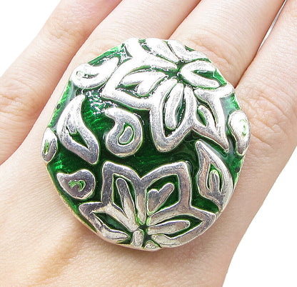 925 Sterling Silver  Carved Floral Over Green Enamel Cocktail Ring Sz 7 RG1425