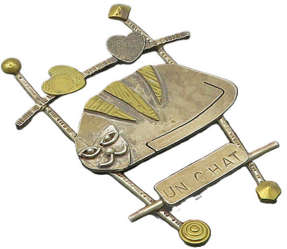 925 Sterling Silver  Vintage Modernist Un Chat Etched 2 Tone Brooch Pin BP7239
