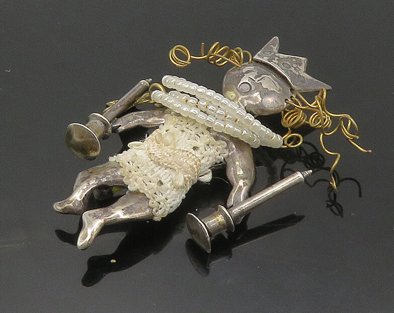 925 Sterling Silver Vintage Nomi Green Shabbos Queen Pearls Brooch Pin  BP7198