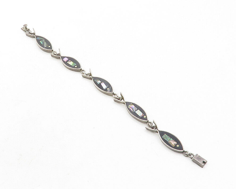 MEXICO 925 Sterling Silver Vintage Abalone Black Onyx Fish Chain Bracelet BT4494
