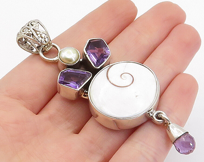 925 Sterling Silver  Vintage Shiva Eye Shell Amethyst & Pearl Pendant  PT3104