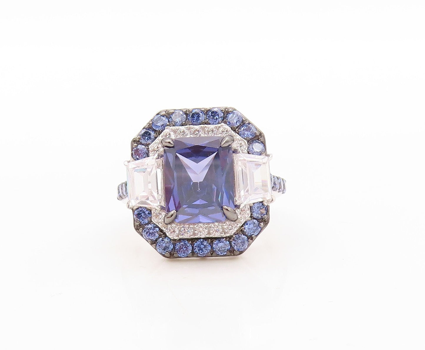 925 Sterling Silver Vintage Ring Designer Rectangle Sapphire & CZ  Sz 7  RG30893