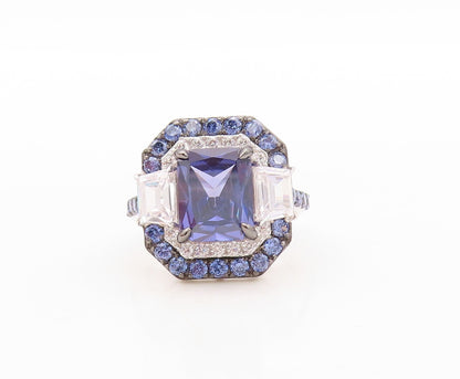 925 Sterling Silver Vintage Ring Designer Rectangle Sapphire & CZ  Sz 7  RG30893