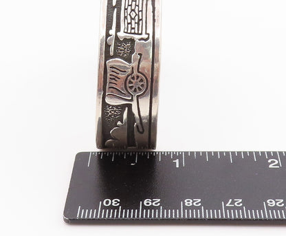 925 Sterling Silver Vintage Bracelet NAVAJO Village Life Carved Cuff  BT11342