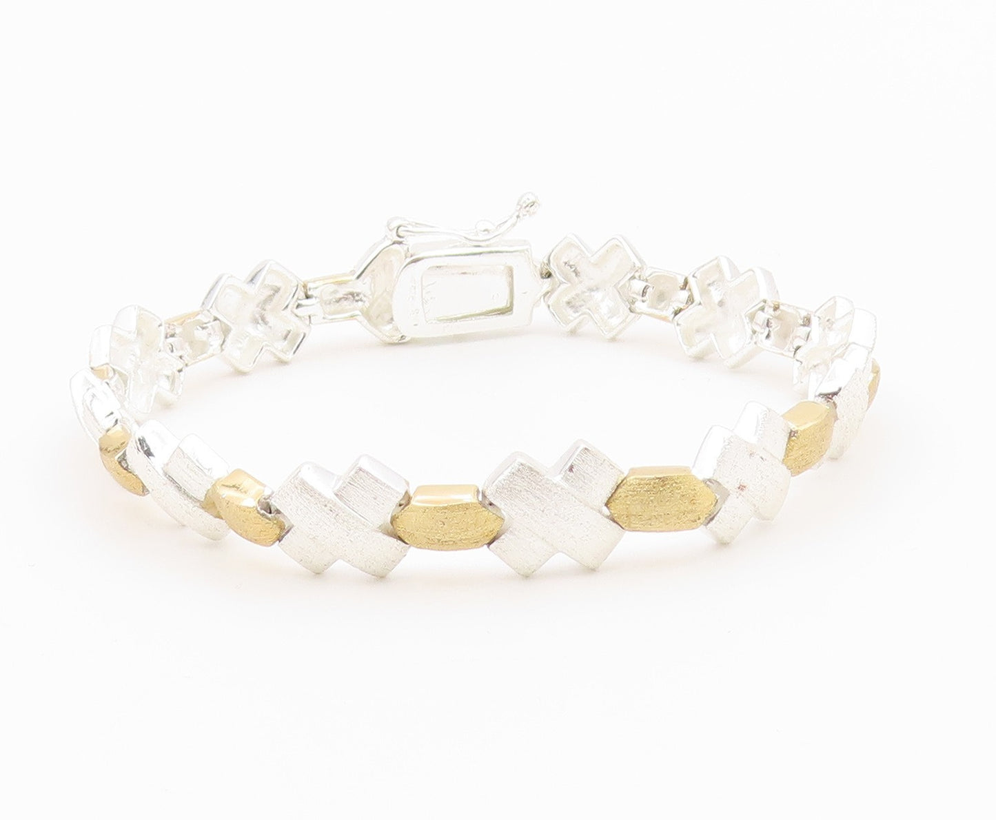 925 Sterling Silver  Shiny Two Tone X Link Matte Chain Bracelet  BT5067