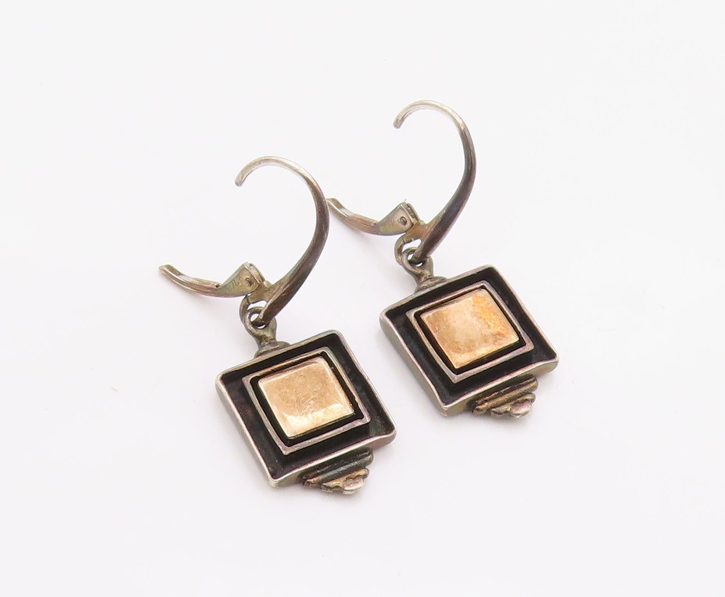 14k Gold & 925 Sterling Silver Vintage Earrings Hammered Square Drop  EG14402