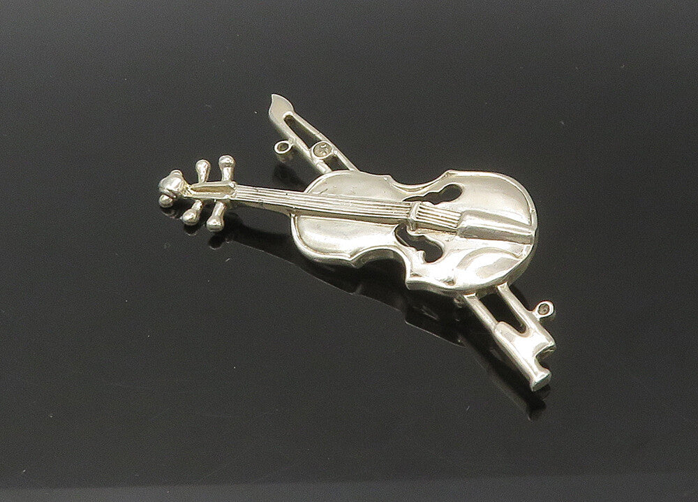 MEXICO 925 Sterling Silver  Vintage Shiny Violin Music Motif Brooch Pin BP8814