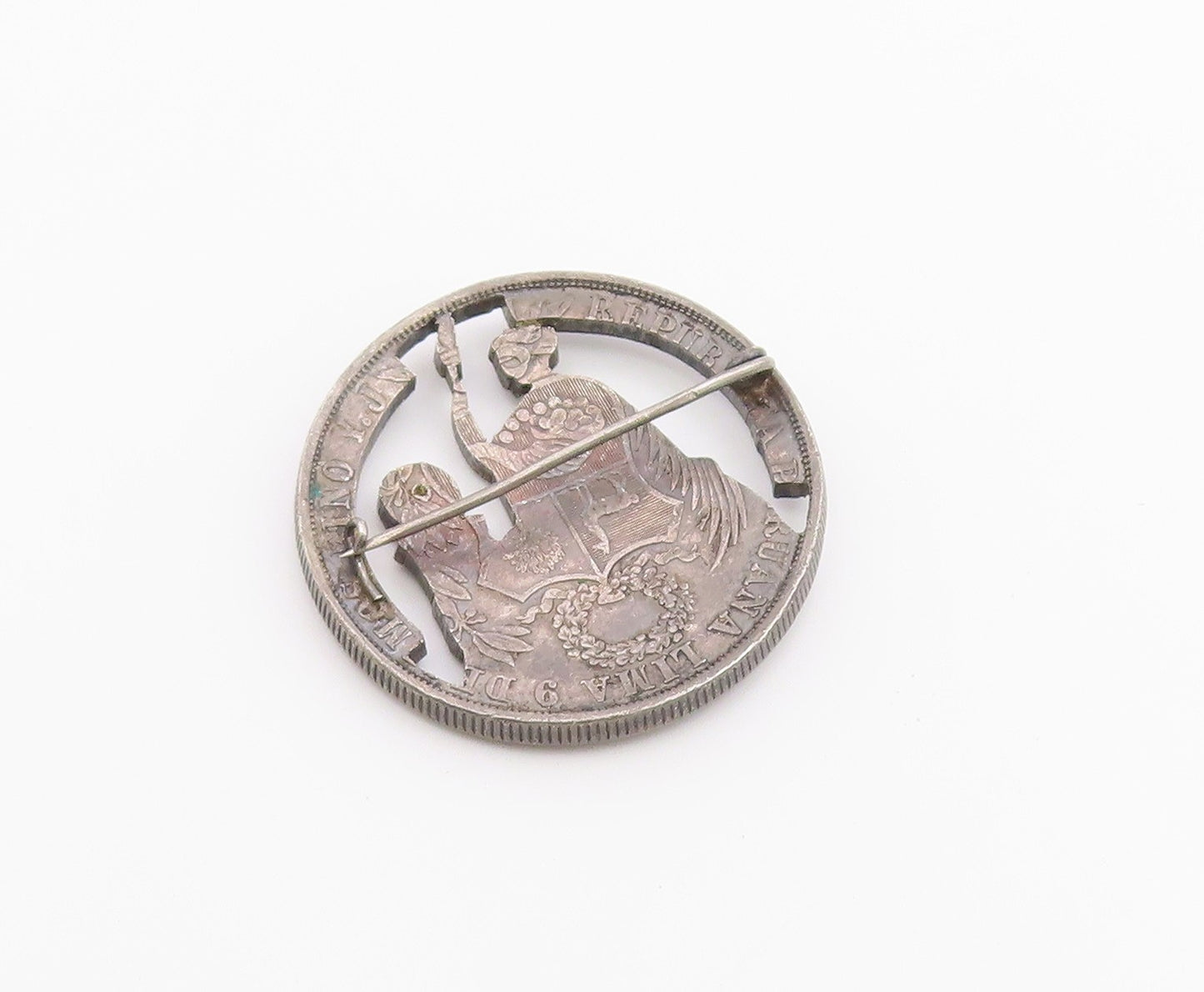 925 Sterling Silver  Vintage Dark Tone Peruvian Coin Brooch Pin  BP8526