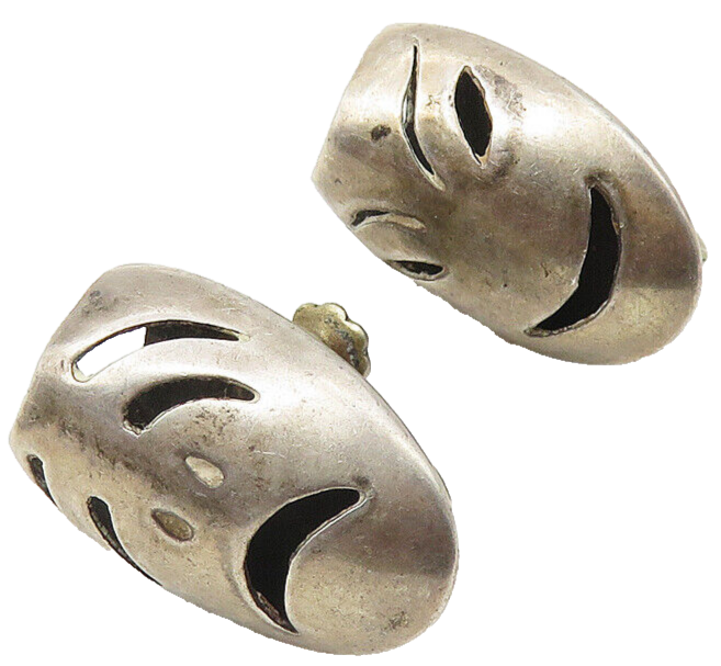 MEXICO 925 Silver   Vintage Drama Theater Masks Non Pierce Earrings  EG5741