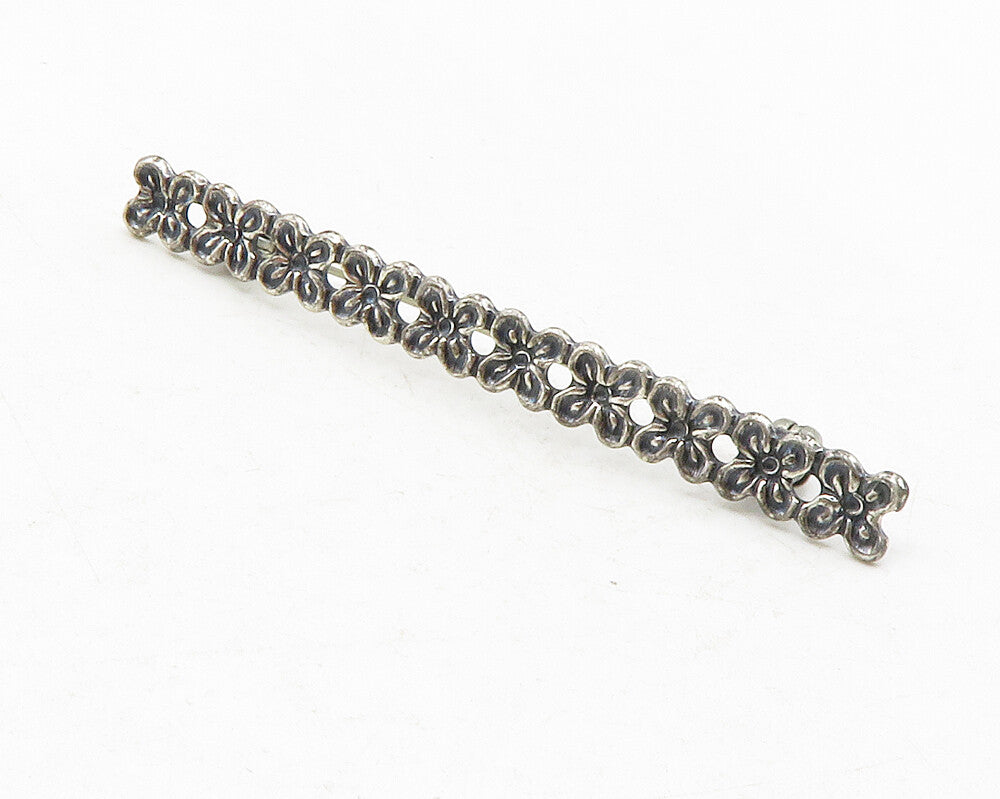 BEAU 925 Sterling Silver  Vintage Row Of Flowers Dark Tone Brooch Pin  BP4559