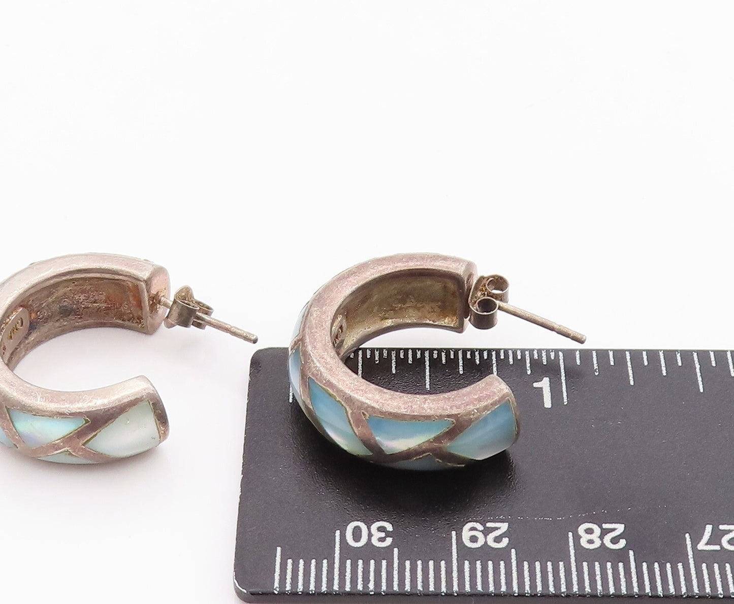 925 Sterling Silver Vintage Earrings Blue Mother Of Pearls Open Hoops  EG13110