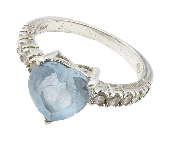 925 Sterling Silver  Blue & White Topaz Love Heart Band Ring Sz 7  RG12563