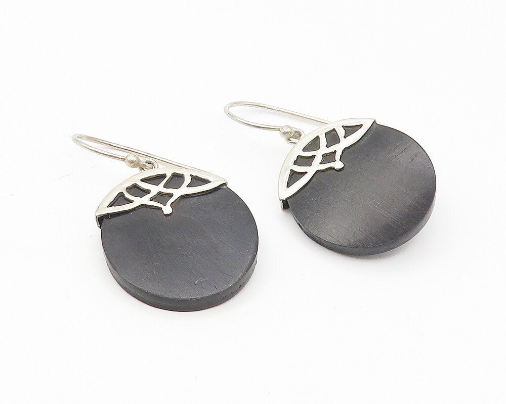 925 Sterling Silver  Vintage Black Wooden Shiny Bail Drop Earrings  EG3159