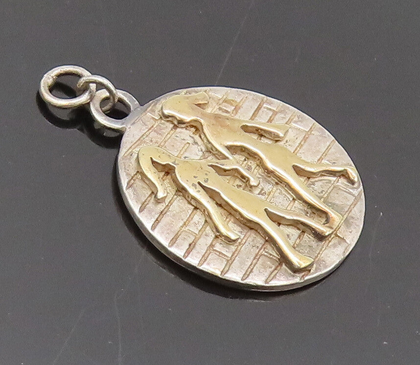 14k GOLD 925 Silver  Vintage Dancing Girls Brick Wall Round Pendant  PT22296