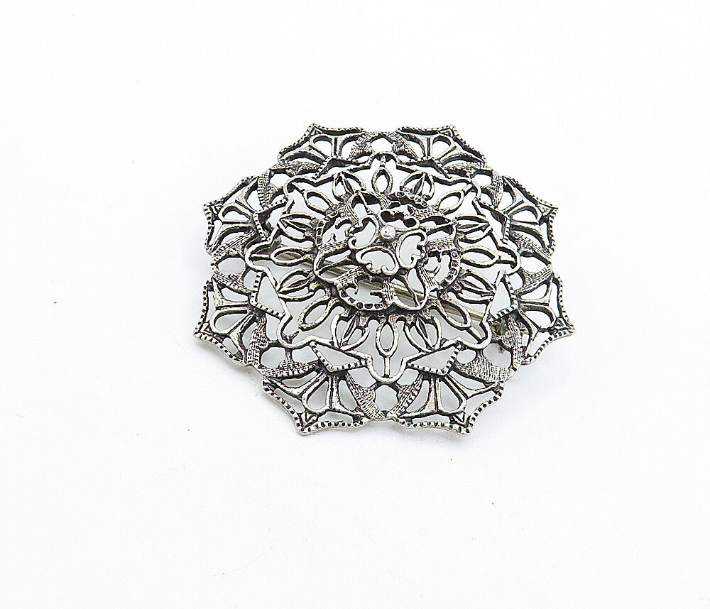 925 Sterling Silver  Vintage Dark Tone Round Floral Design Brooch Pin  BP2188