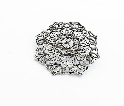 925 Sterling Silver  Vintage Dark Tone Round Floral Design Brooch Pin  BP2188