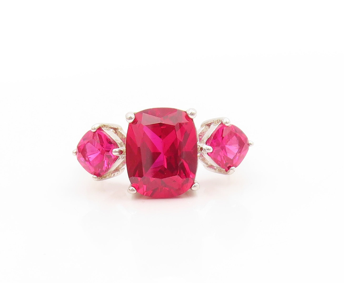 925 Sterling Silver Vintage Ring Three Stone Ruby Statement Band  Sz 6  RG33736