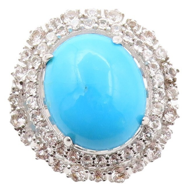 925 Sterling Silver Vintage Ring Cabochon Turquoise Halo Topaz  Sz 8  RG31019