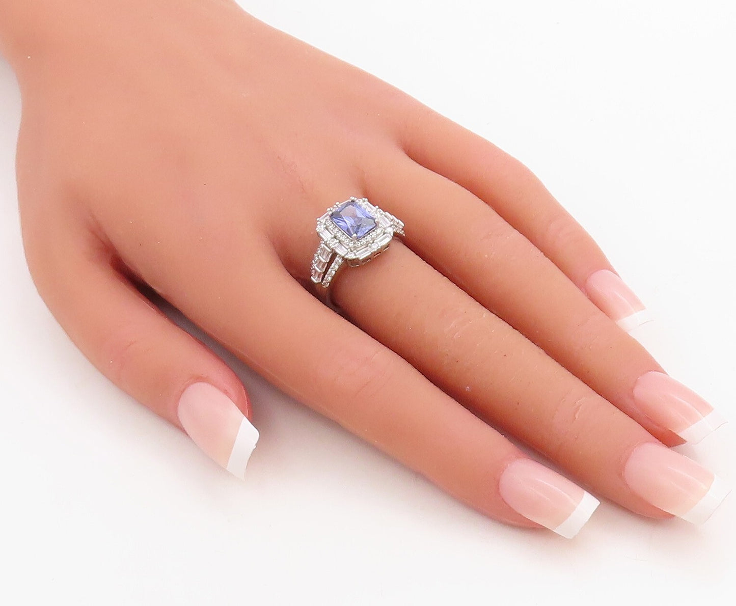 925 Sterling Silver Vintage Ring Rectangle Sapphire Halo CZ Inlay  Sz 7  RG30745