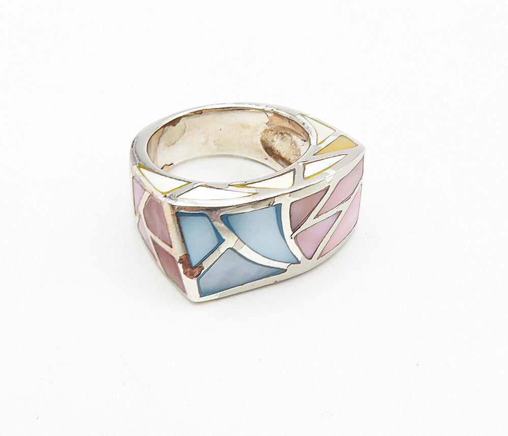 925 Sterling Silver  Vintage Mother Of Pearl Mosaic Band Ring Sz 6  RG8855