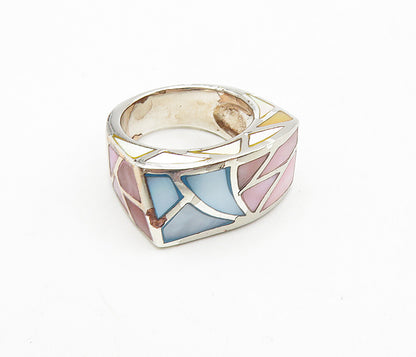 925 Sterling Silver  Vintage Mother Of Pearl Mosaic Band Ring Sz 6  RG8855
