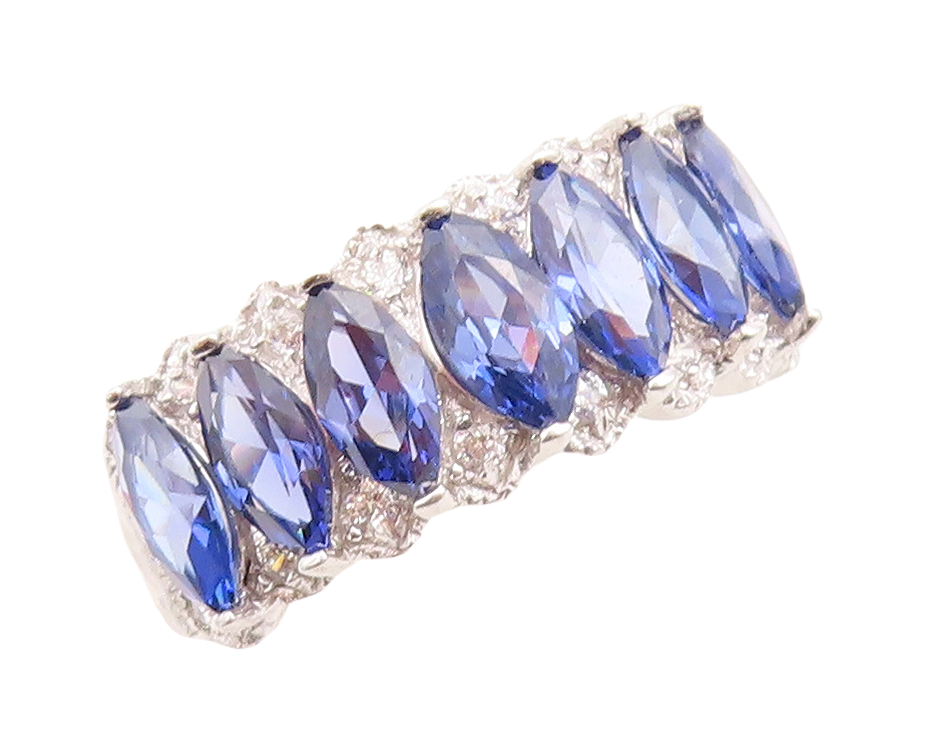 925 Sterling Silver Vintage Ring Marquise Cut Sapphire & CZ Inlay Sz 7.5 RG30089