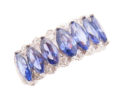 925 Sterling Silver Vintage Ring Marquise Cut Sapphire & CZ Inlay Sz 7.5 RG30089