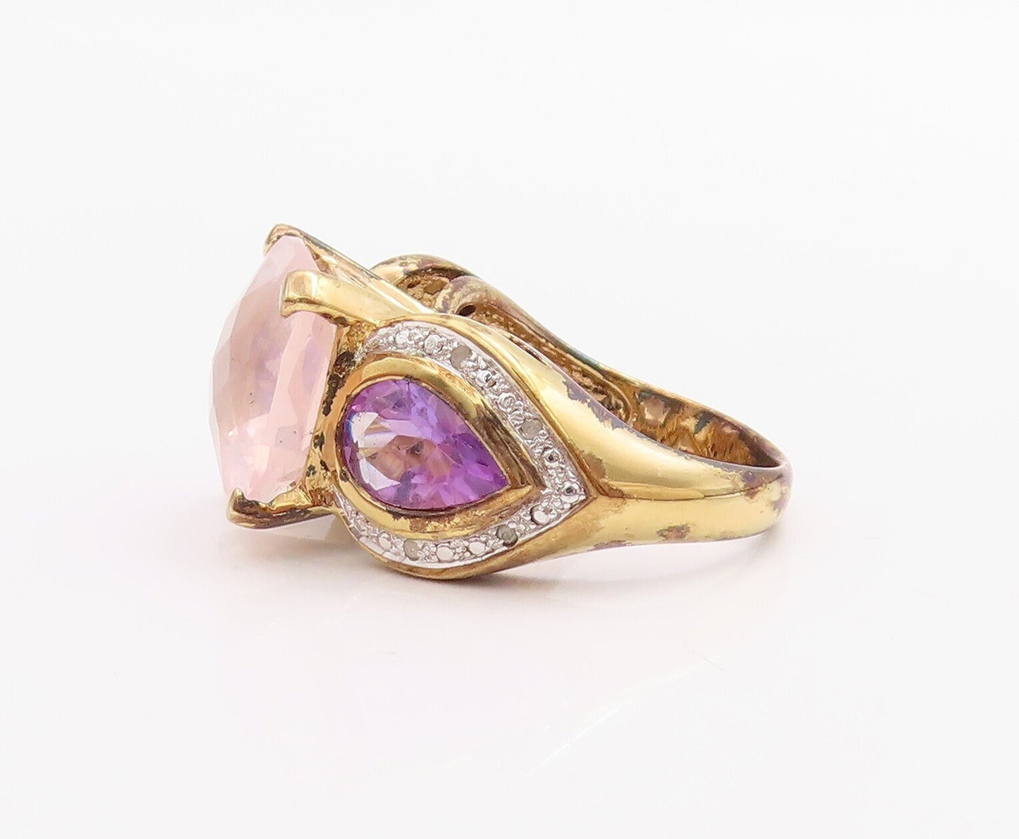 925 Sterling Silver Vintage Ring Gold Plated Diamonds Gemstones  Sz 7  RG30958