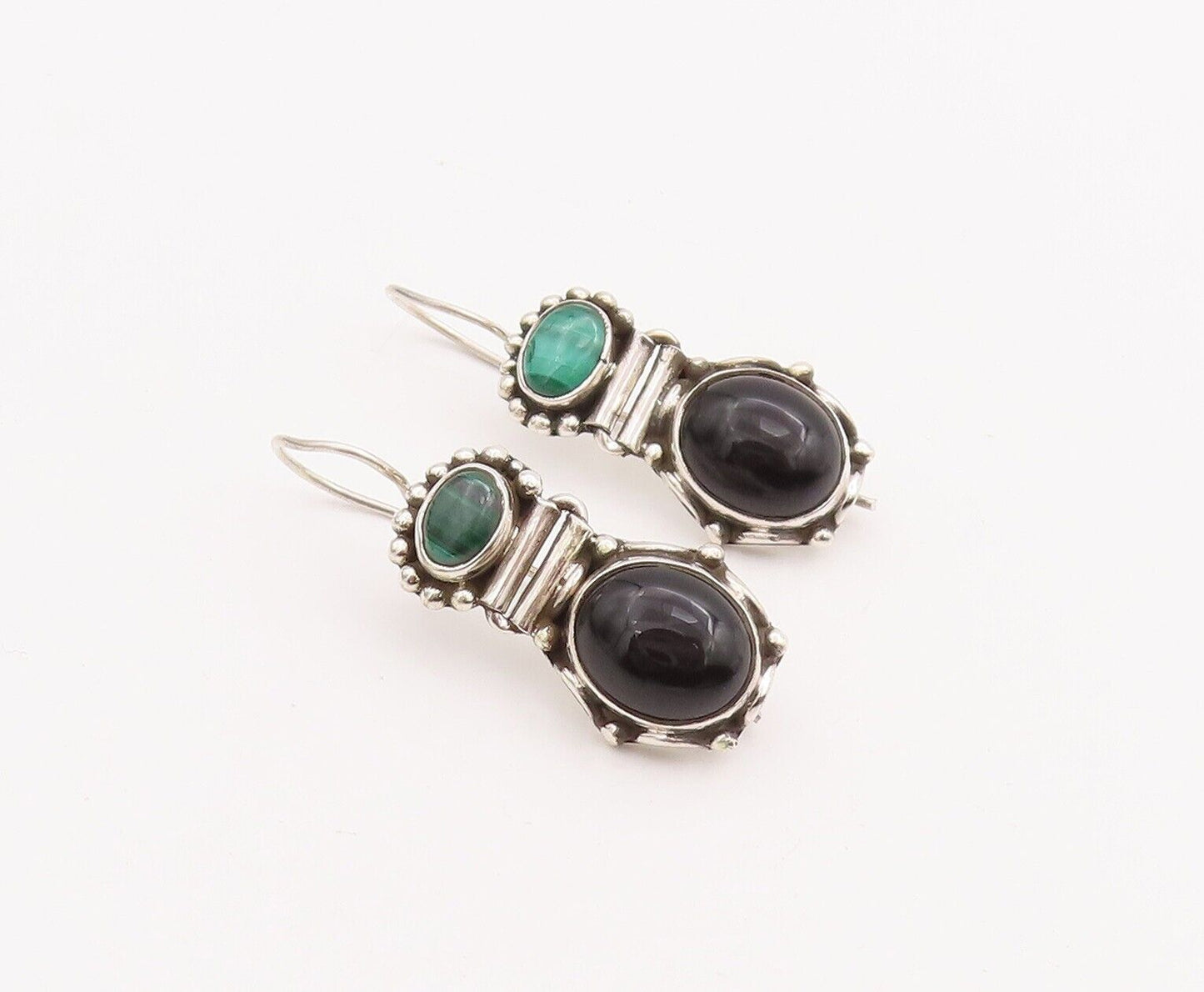 925 Sterling Silver Vintage Earrings Beaded Onyx & Malachite  EG13058