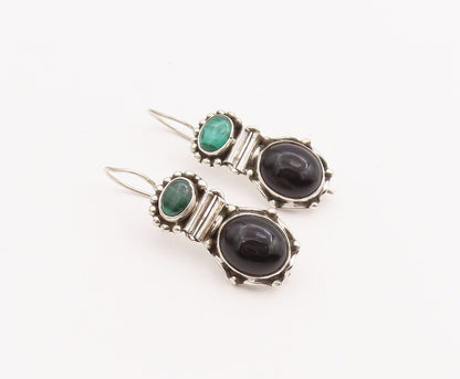 925 Sterling Silver Vintage Earrings Beaded Onyx & Malachite  EG13058