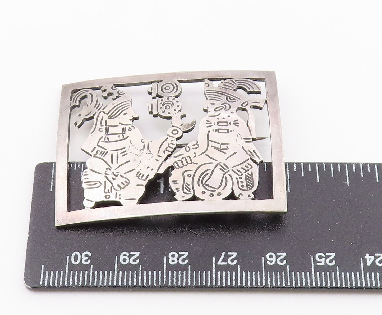 925 Sterling Silver  Vintage Etched Traditional Figures Brooch Pin  BP4053