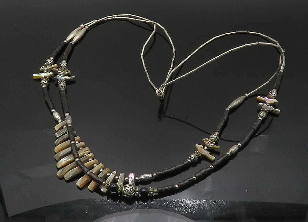 SOUTHWESTERN 925 Silver Vintage Black Onyx & Mother Of Pearl Necklace NE3430