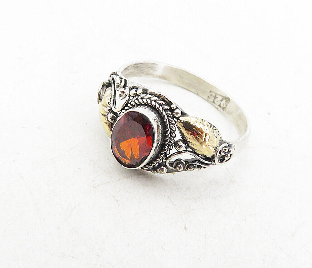 925 Silver & 18K GOLD  Vintage Red Topaz 2 Tone Solitaire Ring Sz 6.5  RG8701