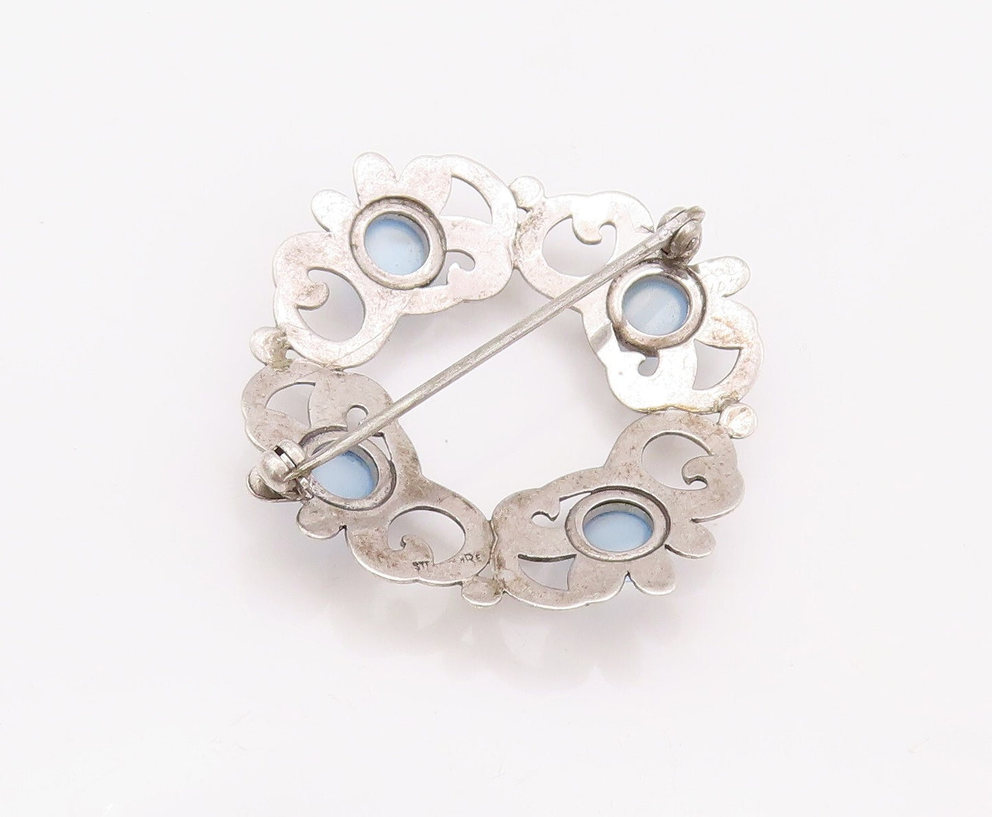 925 Sterling Silver Vintage Brooch Pin Swirly Carved Cat's Eye Wreath  BP11156